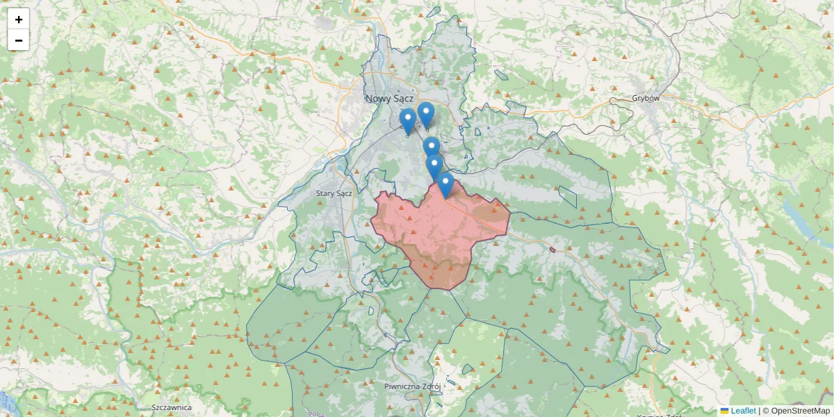 Szczegółowa mapa kodu pocztowego 33-335 z granicami, sąsiednimi kodami pocztowymi i urzędami pocztowymi