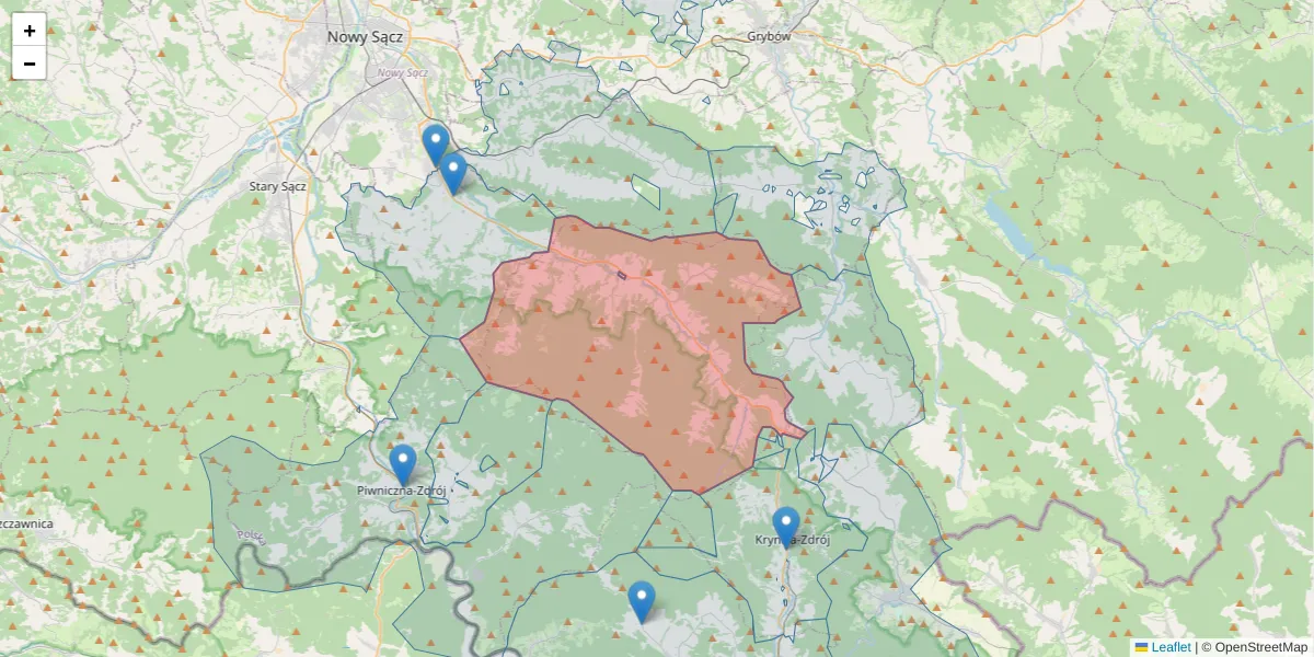 Szczegółowa mapa kodu pocztowego 33-336 z granicami, sąsiednimi kodami pocztowymi i urzędami pocztowymi
