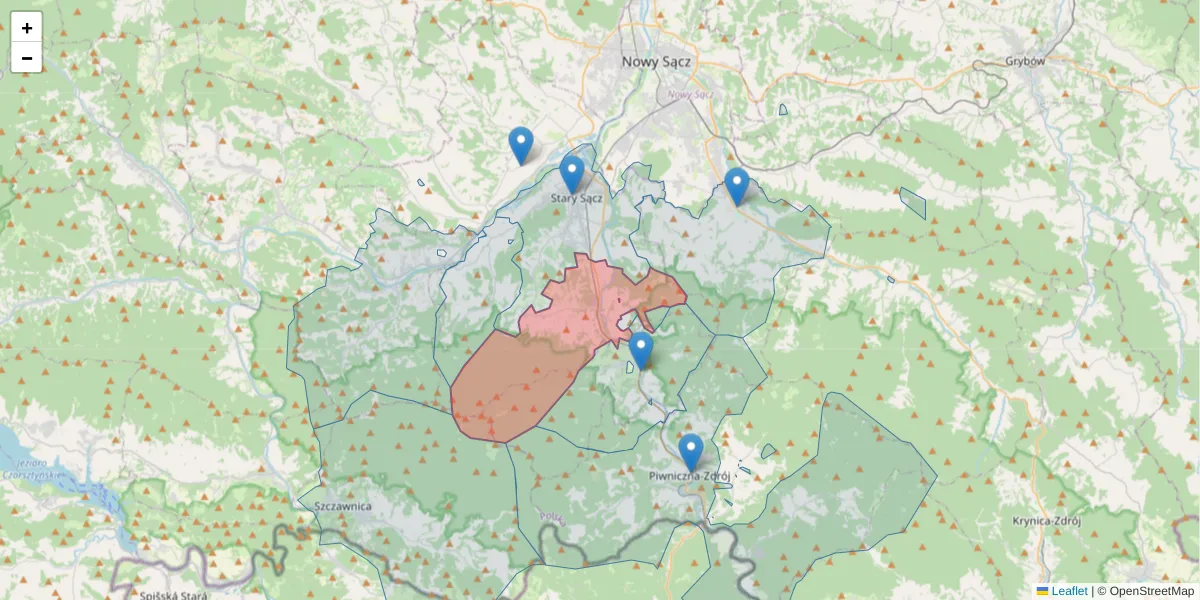 Szczegółowa mapa kodu pocztowego 33-342 z granicami, sąsiednimi kodami pocztowymi i urzędami pocztowymi