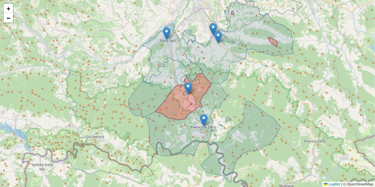 Szczegółowa mapa kodu pocztowego 33-343 z granicami, sąsiednimi kodami pocztowymi i urzędami pocztowymi