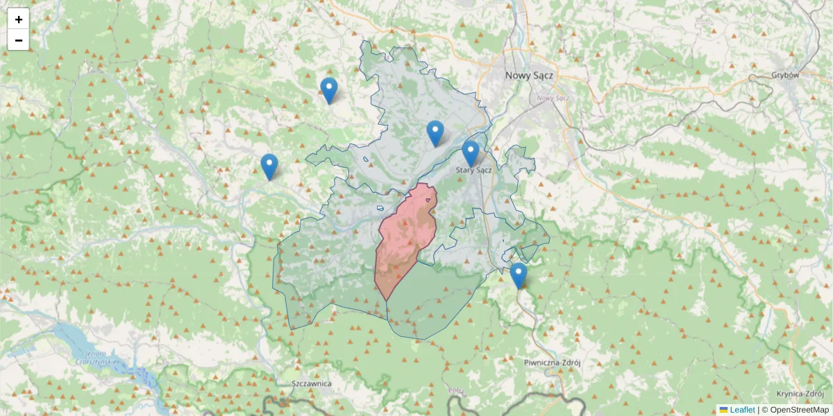 Szczegółowa mapa kodu pocztowego 33-388 z granicami, sąsiednimi kodami pocztowymi i urzędami pocztowymi