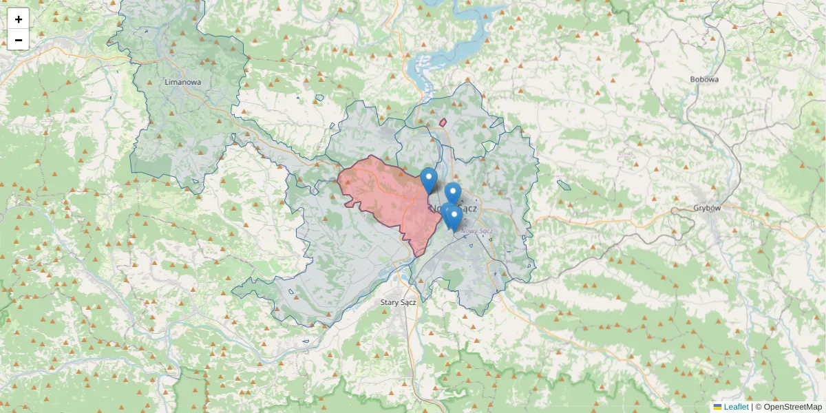 Szczegółowa mapa kodu pocztowego 33-395 z granicami, sąsiednimi kodami pocztowymi i urzędami pocztowymi