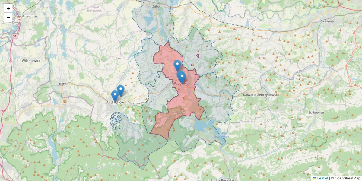 Szczegółowa mapa kodu pocztowego 34-100 z granicami, sąsiednimi kodami pocztowymi i urzędami pocztowymi