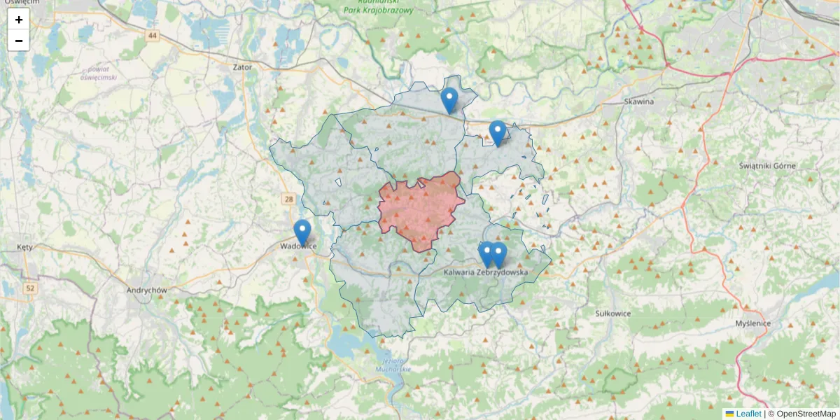 Szczegółowa mapa kodu pocztowego 34-105 z granicami, sąsiednimi kodami pocztowymi i urzędami pocztowymi