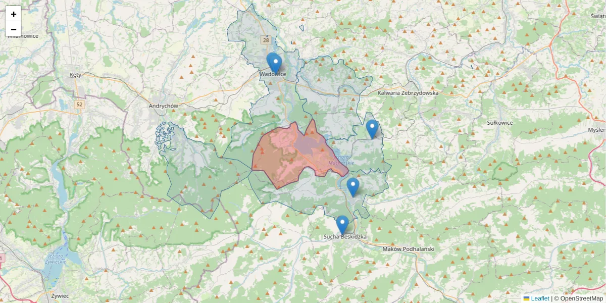 Szczegółowa mapa kodu pocztowego 34-106 z granicami, sąsiednimi kodami pocztowymi i urzędami pocztowymi