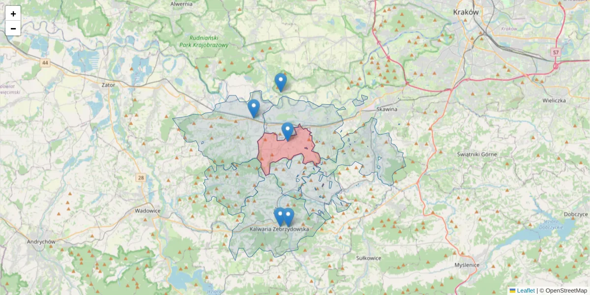 Szczegółowa mapa kodu pocztowego 34-113 z granicami, sąsiednimi kodami pocztowymi i urzędami pocztowymi