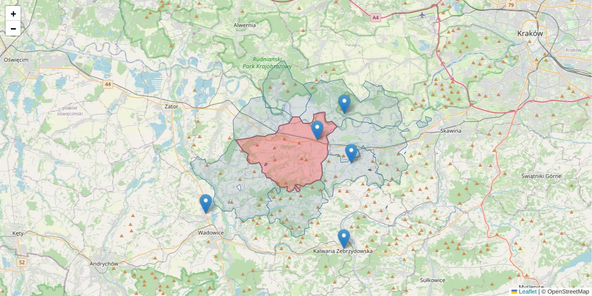 Szczegółowa mapa kodu pocztowego 34-114 z granicami, sąsiednimi kodami pocztowymi i urzędami pocztowymi