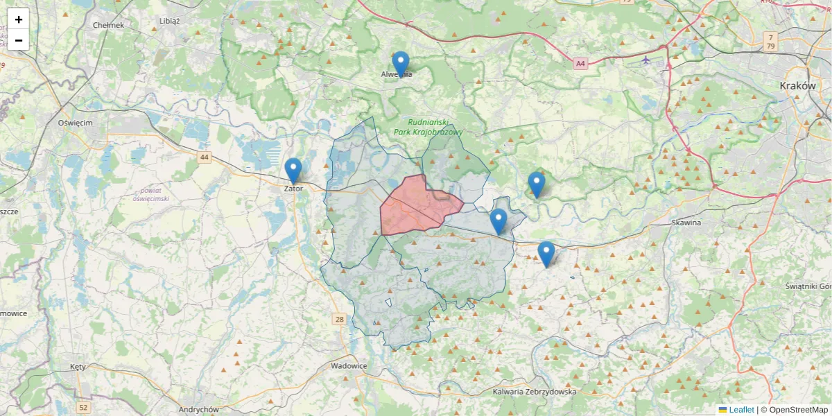 Szczegółowa mapa kodu pocztowego 34-115 z granicami, sąsiednimi kodami pocztowymi i urzędami pocztowymi