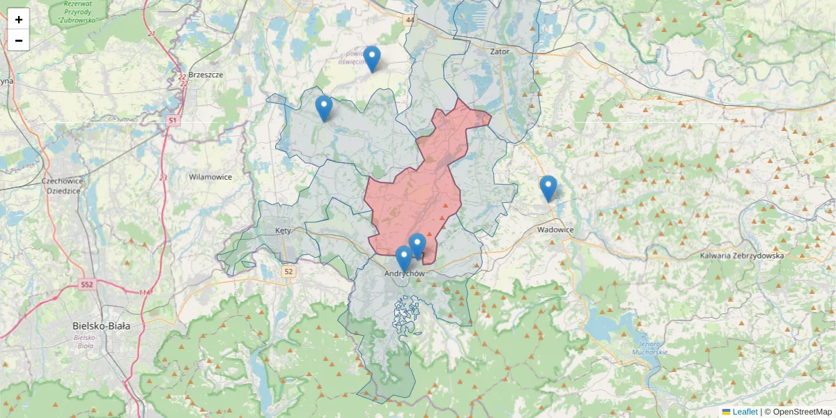 Szczegółowa mapa kodu pocztowego 34-122 z granicami, sąsiednimi kodami pocztowymi i urzędami pocztowymi