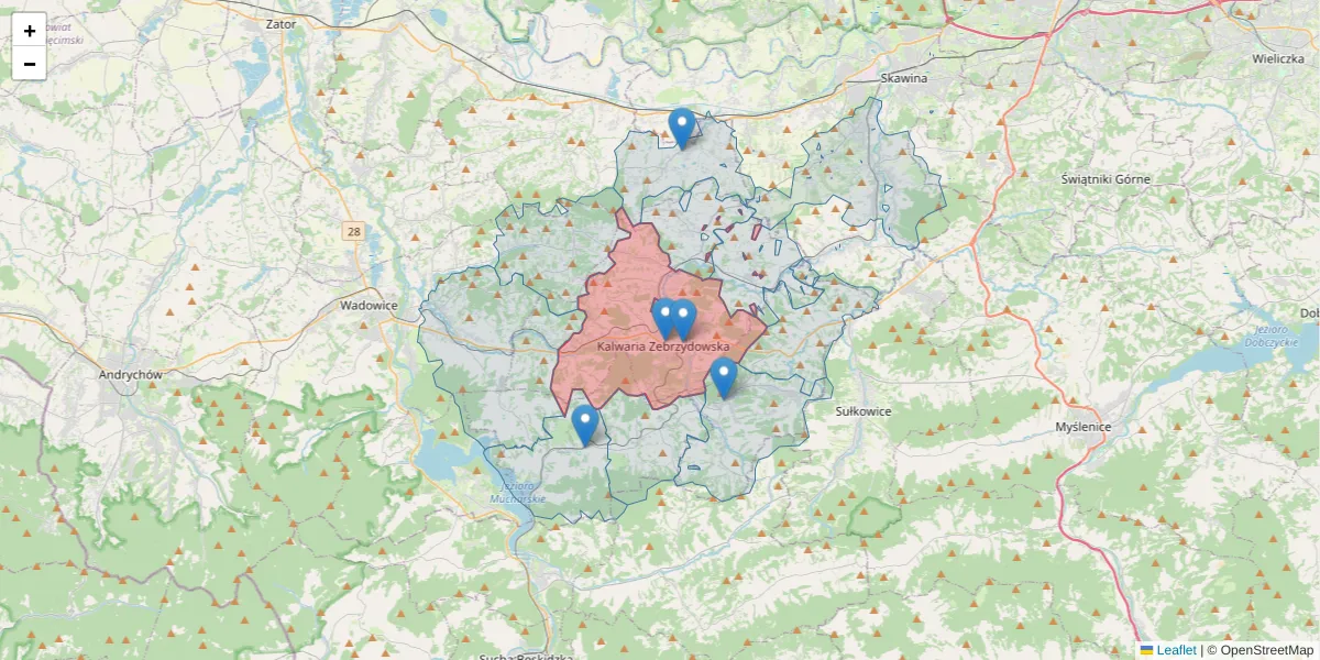 Szczegółowa mapa kodu pocztowego 34-130 z granicami, sąsiednimi kodami pocztowymi i urzędami pocztowymi