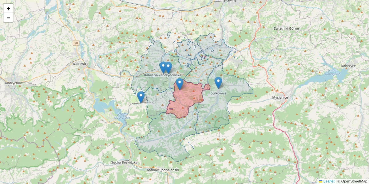 Szczegółowa mapa kodu pocztowego 34-143 z granicami, sąsiednimi kodami pocztowymi i urzędami pocztowymi