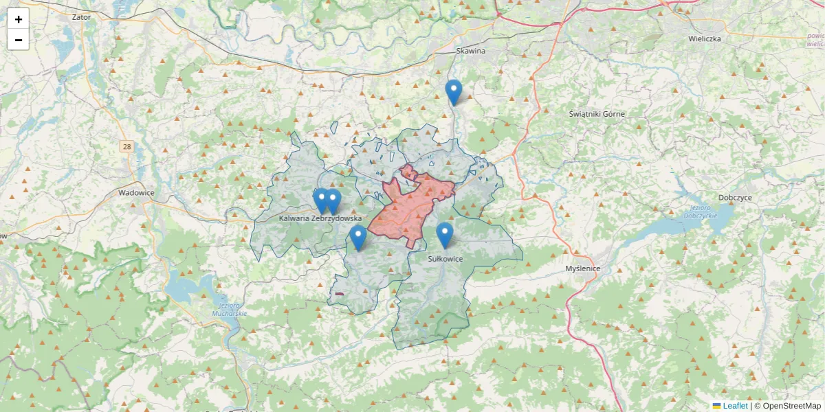 Szczegółowa mapa kodu pocztowego 34-144 z granicami, sąsiednimi kodami pocztowymi i urzędami pocztowymi