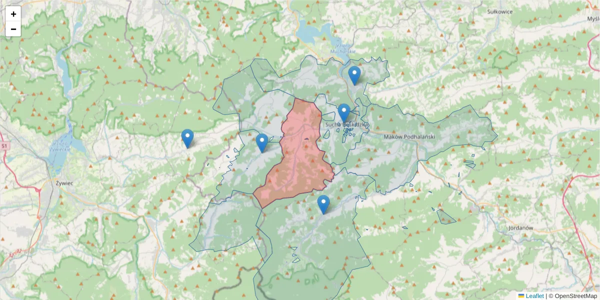 Szczegółowa mapa kodu pocztowego 34-205 z granicami, sąsiednimi kodami pocztowymi i urzędami pocztowymi