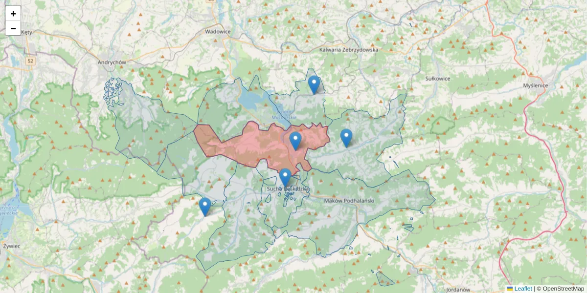 Szczegółowa mapa kodu pocztowego 34-210 z granicami, sąsiednimi kodami pocztowymi i urzędami pocztowymi