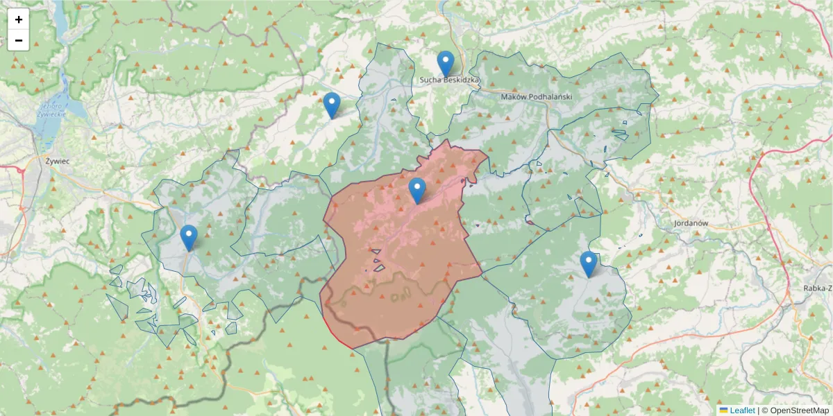 Szczegółowa mapa kodu pocztowego 34-222 z granicami, sąsiednimi kodami pocztowymi i urzędami pocztowymi