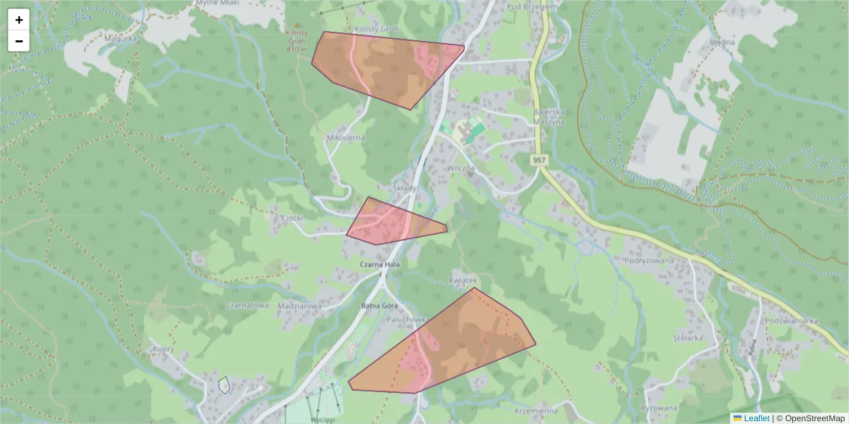Szczegółowa mapa kodu pocztowego 34-223 z granicami, sąsiednimi kodami pocztowymi i urzędami pocztowymi