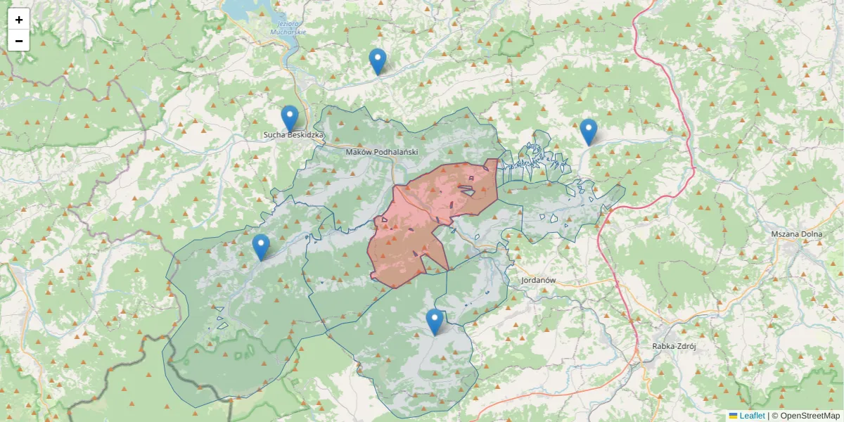 Szczegółowa mapa kodu pocztowego 34-231 z granicami, sąsiednimi kodami pocztowymi i urzędami pocztowymi
