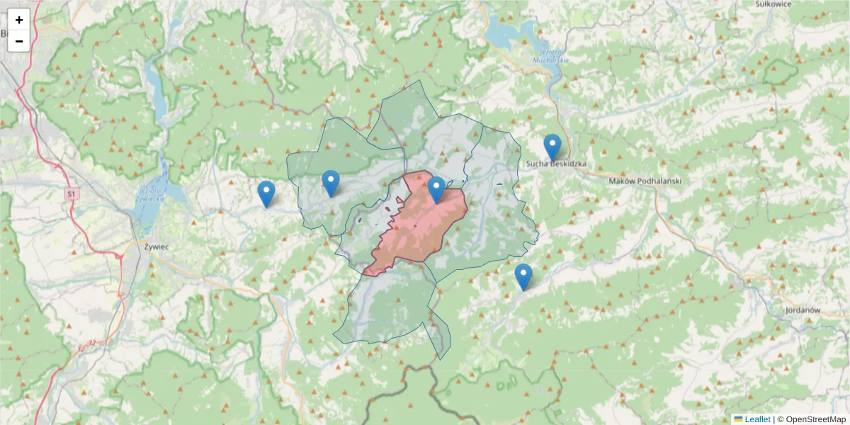 Szczegółowa mapa kodu pocztowego 34-232 z granicami, sąsiednimi kodami pocztowymi i urzędami pocztowymi