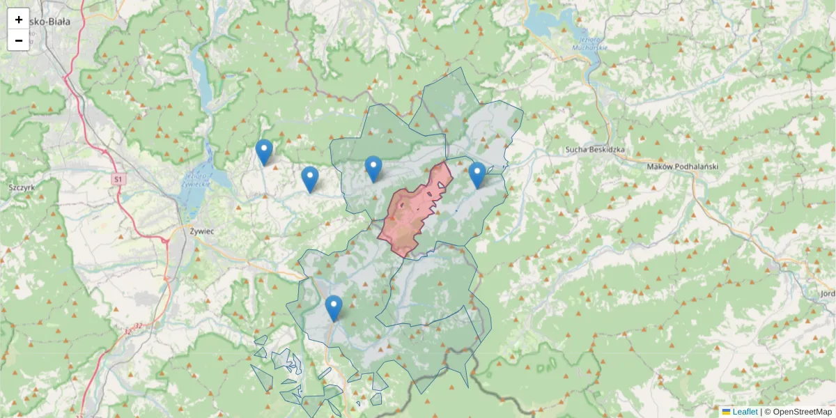 Szczegółowa mapa kodu pocztowego 34-233 z granicami, sąsiednimi kodami pocztowymi i urzędami pocztowymi