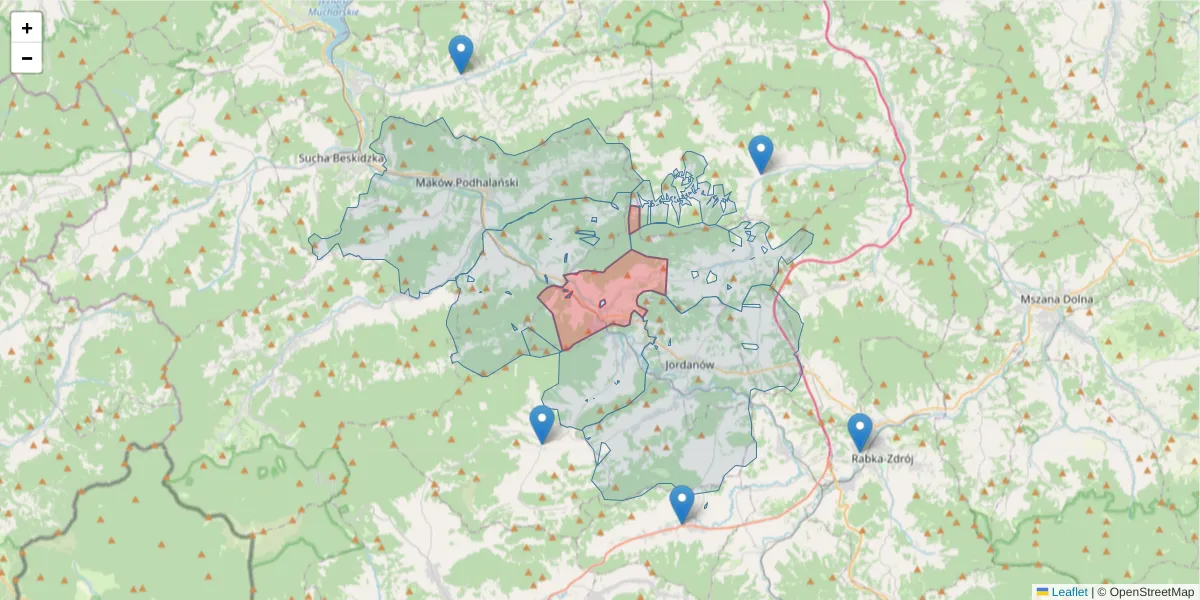 Szczegółowa mapa kodu pocztowego 34-234 z granicami, sąsiednimi kodami pocztowymi i urzędami pocztowymi