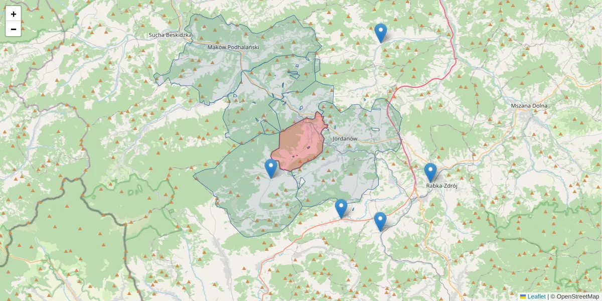 Szczegółowa mapa kodu pocztowego 34-235 z granicami, sąsiednimi kodami pocztowymi i urzędami pocztowymi