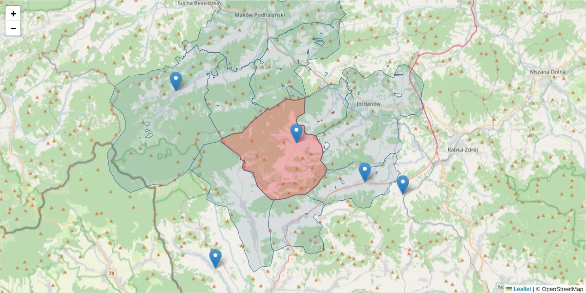 Szczegółowa mapa kodu pocztowego 34-236 z granicami, sąsiednimi kodami pocztowymi i urzędami pocztowymi