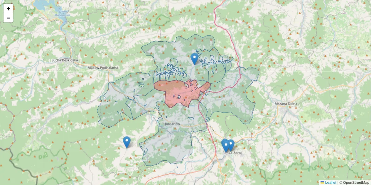 Szczegółowa mapa kodu pocztowego 34-242 z granicami, sąsiednimi kodami pocztowymi i urzędami pocztowymi