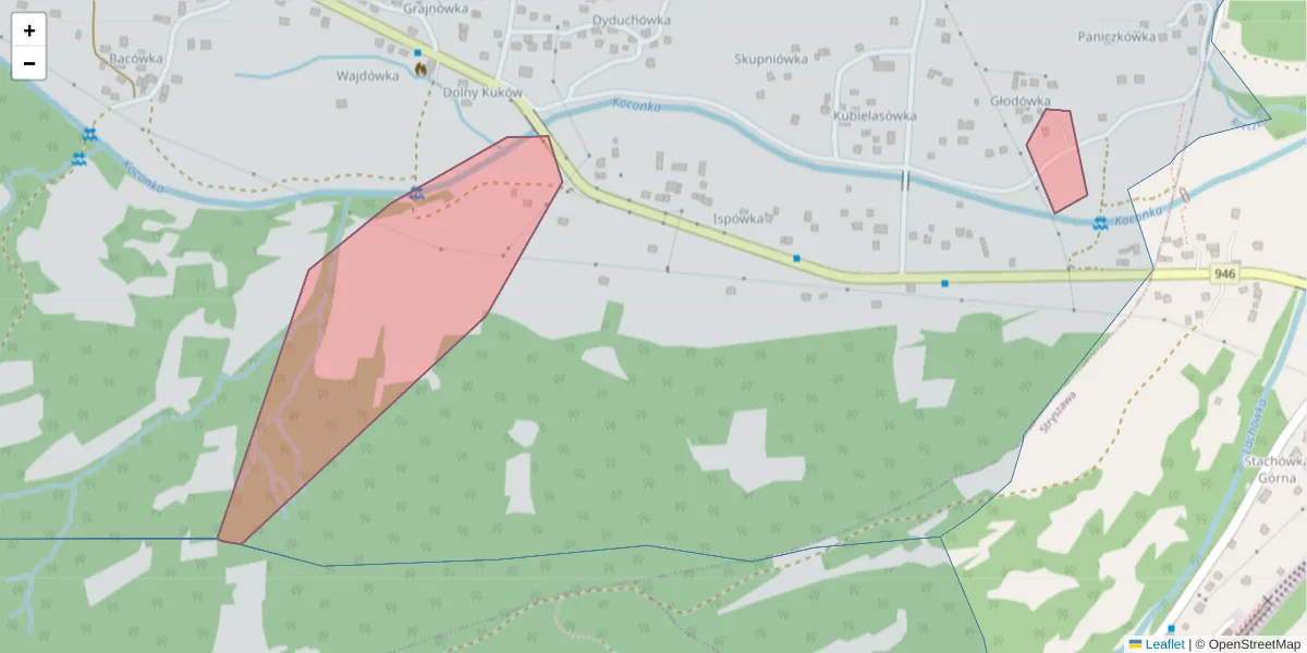 Szczegółowa mapa kodu pocztowego 34-265 z granicami, sąsiednimi kodami pocztowymi i urzędami pocztowymi