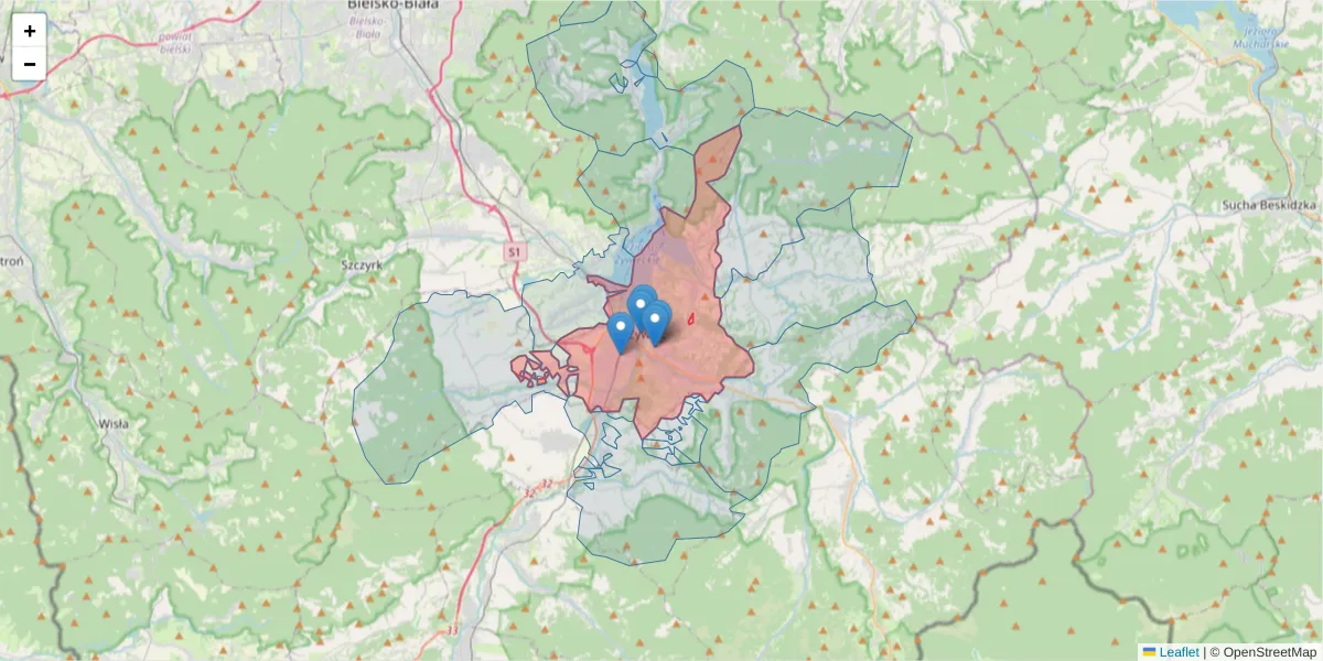 Szczegółowa mapa kodu pocztowego 34-300 z granicami, sąsiednimi kodami pocztowymi i urzędami pocztowymi