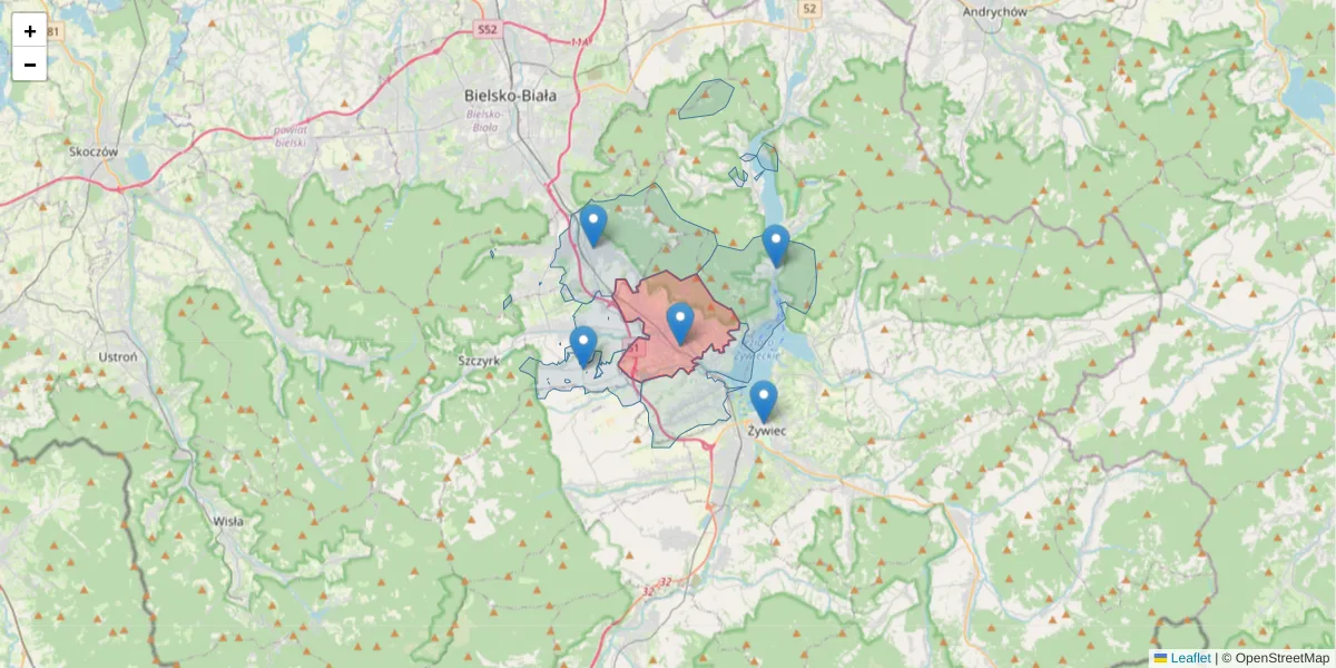 Szczegółowa mapa kodu pocztowego 34-325 z granicami, sąsiednimi kodami pocztowymi i urzędami pocztowymi