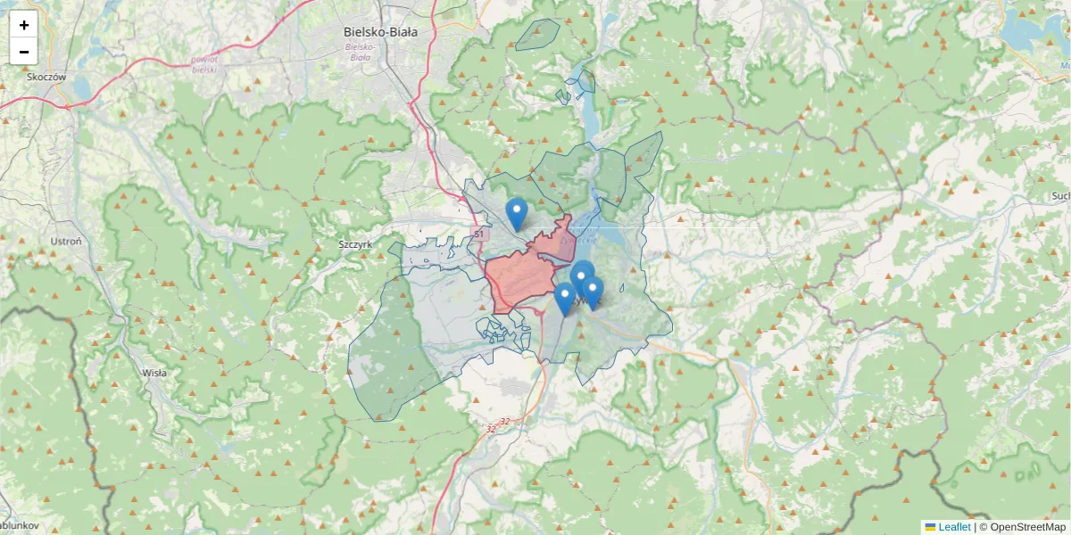 Szczegółowa mapa kodu pocztowego 34-326 z granicami, sąsiednimi kodami pocztowymi i urzędami pocztowymi