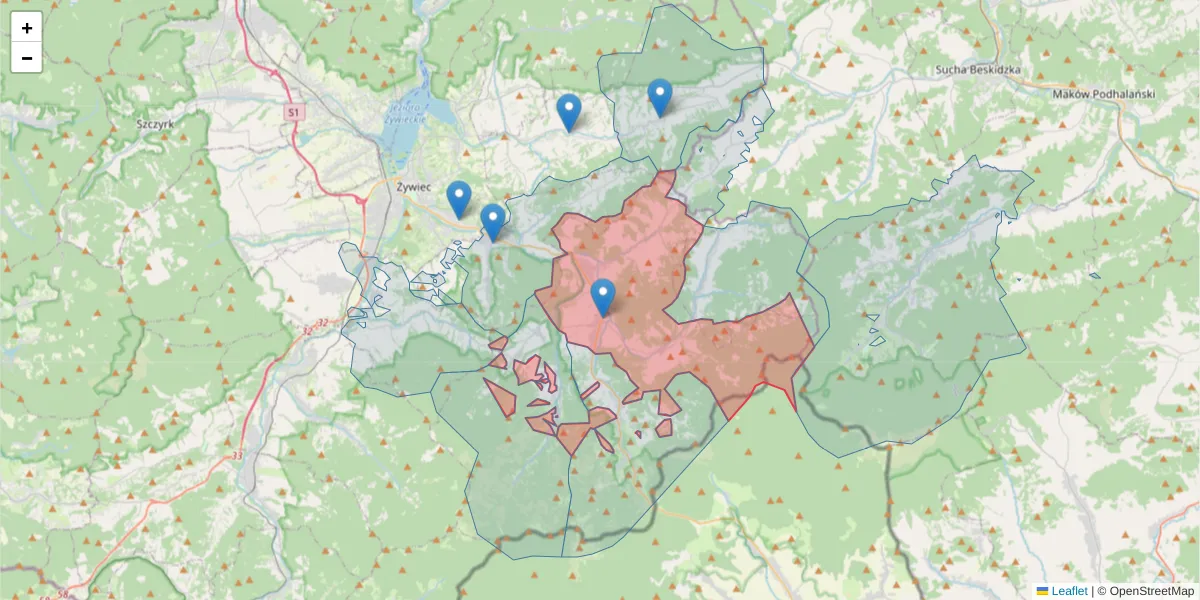 Szczegółowa mapa kodu pocztowego 34-340 z granicami, sąsiednimi kodami pocztowymi i urzędami pocztowymi