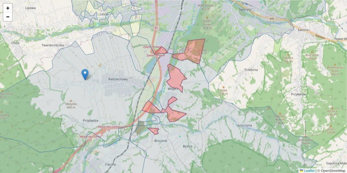 Szczegółowa mapa kodu pocztowego 34-384 z granicami, sąsiednimi kodami pocztowymi i urzędami pocztowymi