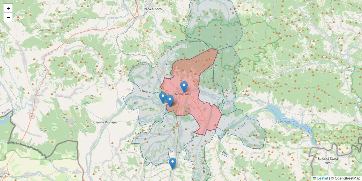 Szczegółowa mapa kodu pocztowego 34-400 z granicami, sąsiednimi kodami pocztowymi i urzędami pocztowymi