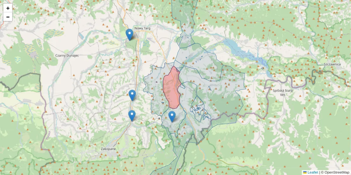 Szczegółowa mapa kodu pocztowego 34-405 z granicami, sąsiednimi kodami pocztowymi i urzędami pocztowymi