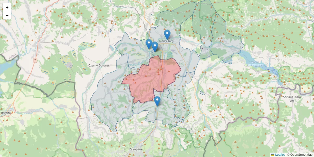 Szczegółowa mapa kodu pocztowego 34-424 z granicami, sąsiednimi kodami pocztowymi i urzędami pocztowymi
