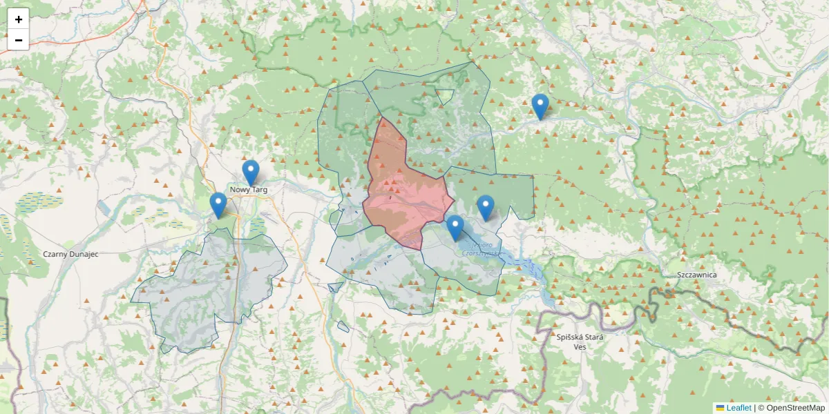 Szczegółowa mapa kodu pocztowego 34-434 z granicami, sąsiednimi kodami pocztowymi i urzędami pocztowymi