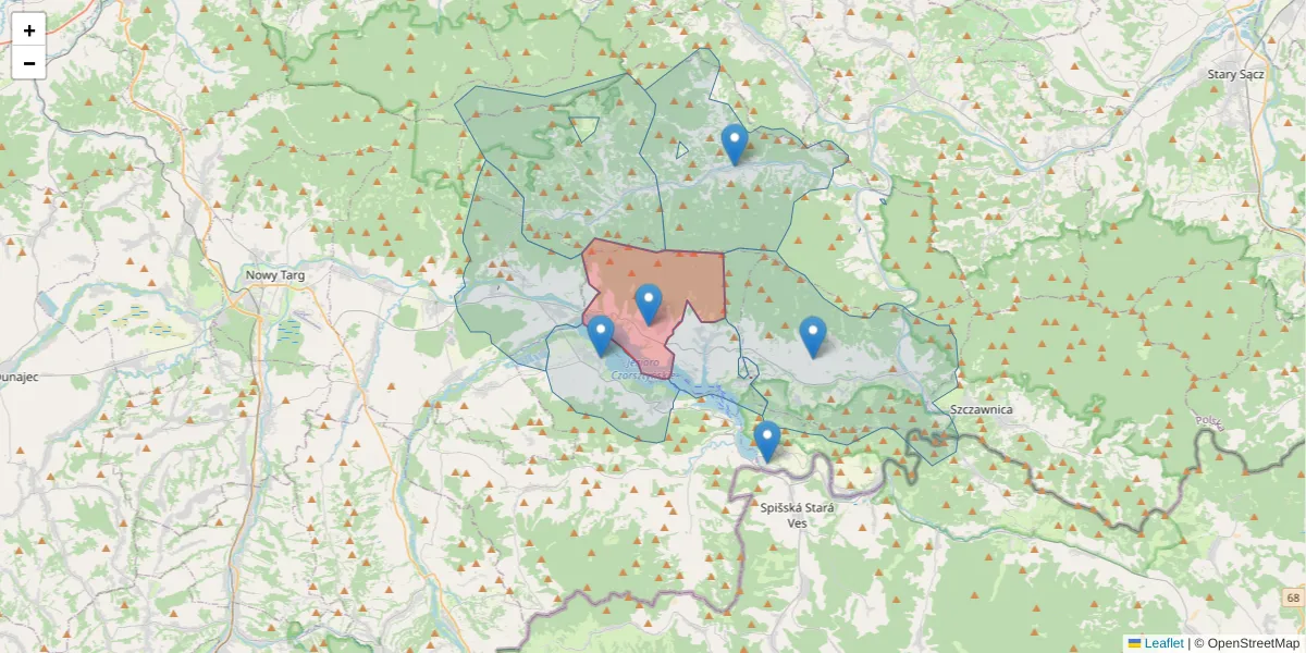 Szczegółowa mapa kodu pocztowego 34-436 z granicami, sąsiednimi kodami pocztowymi i urzędami pocztowymi