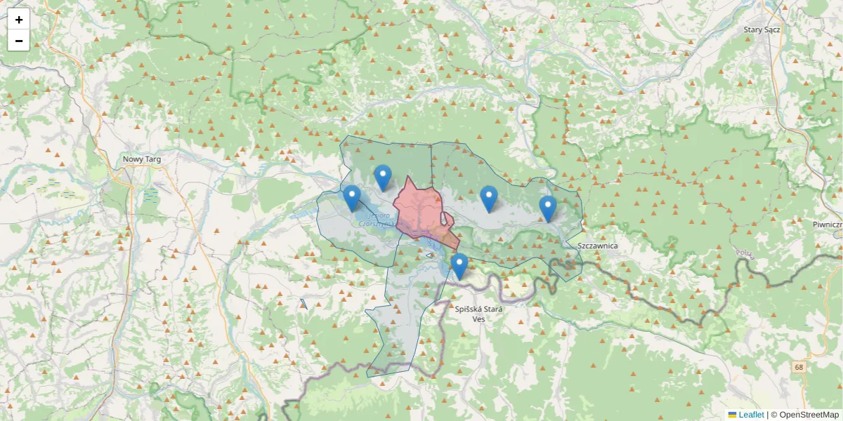 Szczegółowa mapa kodu pocztowego 34-440 z granicami, sąsiednimi kodami pocztowymi i urzędami pocztowymi