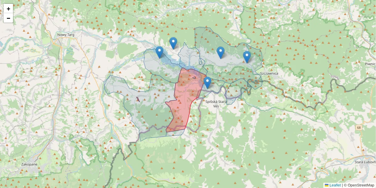Szczegółowa mapa kodu pocztowego 34-441 z granicami, sąsiednimi kodami pocztowymi i urzędami pocztowymi