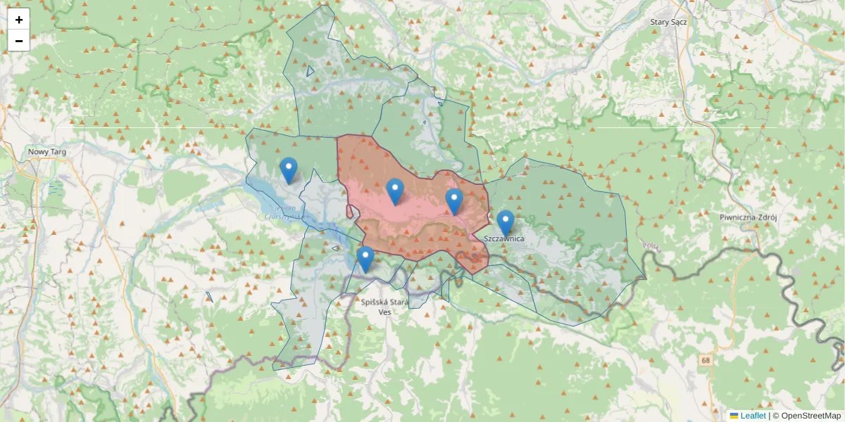 Szczegółowa mapa kodu pocztowego 34-450 z granicami, sąsiednimi kodami pocztowymi i urzędami pocztowymi
