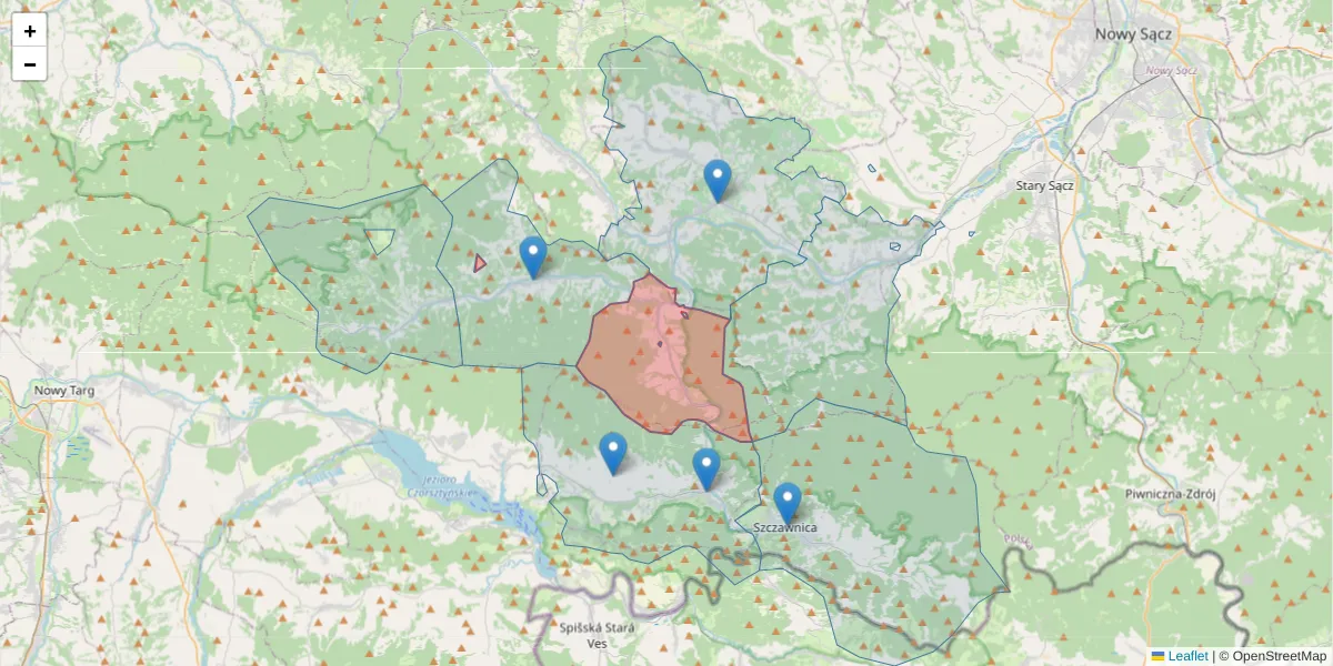 Szczegółowa mapa kodu pocztowego 34-451 z granicami, sąsiednimi kodami pocztowymi i urzędami pocztowymi