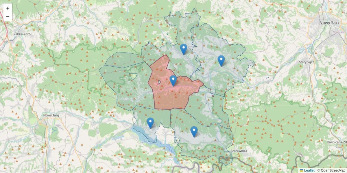 Szczegółowa mapa kodu pocztowego 34-452 z granicami, sąsiednimi kodami pocztowymi i urzędami pocztowymi