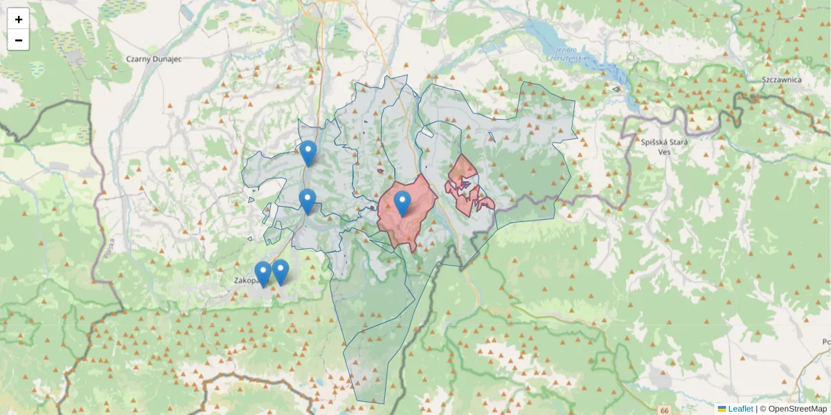 Szczegółowa mapa kodu pocztowego 34-530 z granicami, sąsiednimi kodami pocztowymi i urzędami pocztowymi