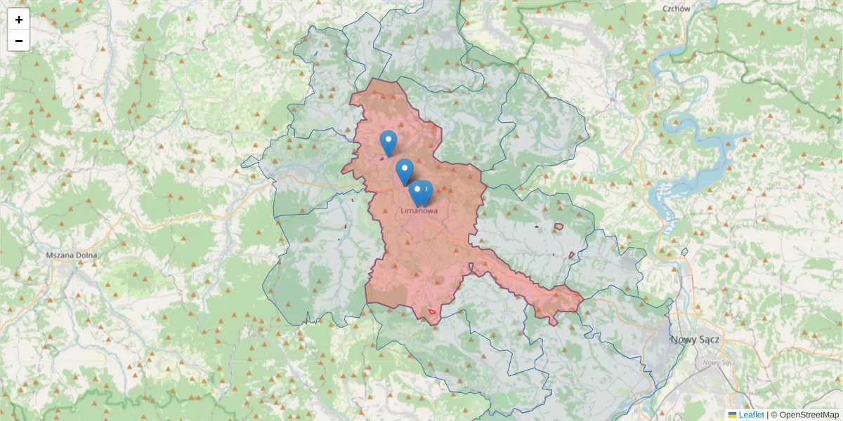Szczegółowa mapa kodu pocztowego 34-600 z granicami, sąsiednimi kodami pocztowymi i urzędami pocztowymi