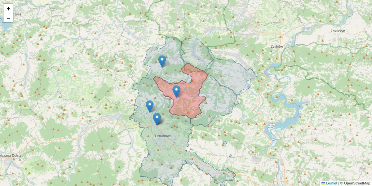 Szczegółowa mapa kodu pocztowego 34-602 z granicami, sąsiednimi kodami pocztowymi i urzędami pocztowymi