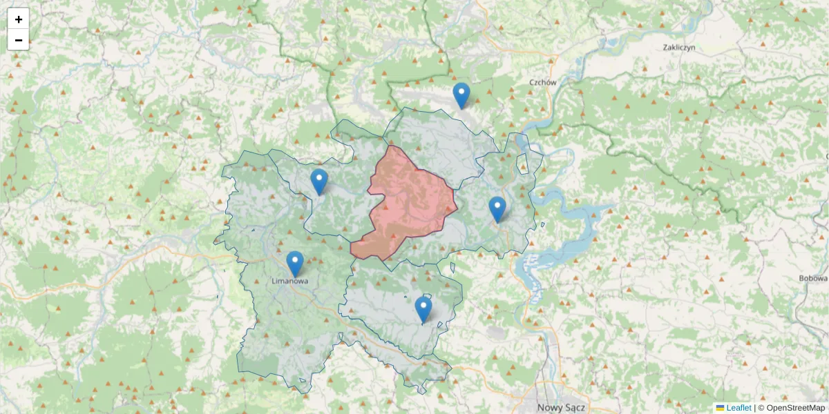 Szczegółowa mapa kodu pocztowego 34-603 z granicami, sąsiednimi kodami pocztowymi i urzędami pocztowymi
