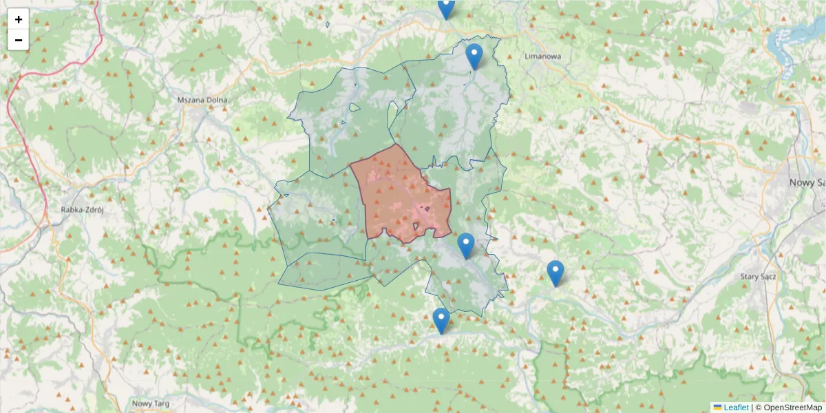 Szczegółowa mapa kodu pocztowego 34-607 z granicami, sąsiednimi kodami pocztowymi i urzędami pocztowymi