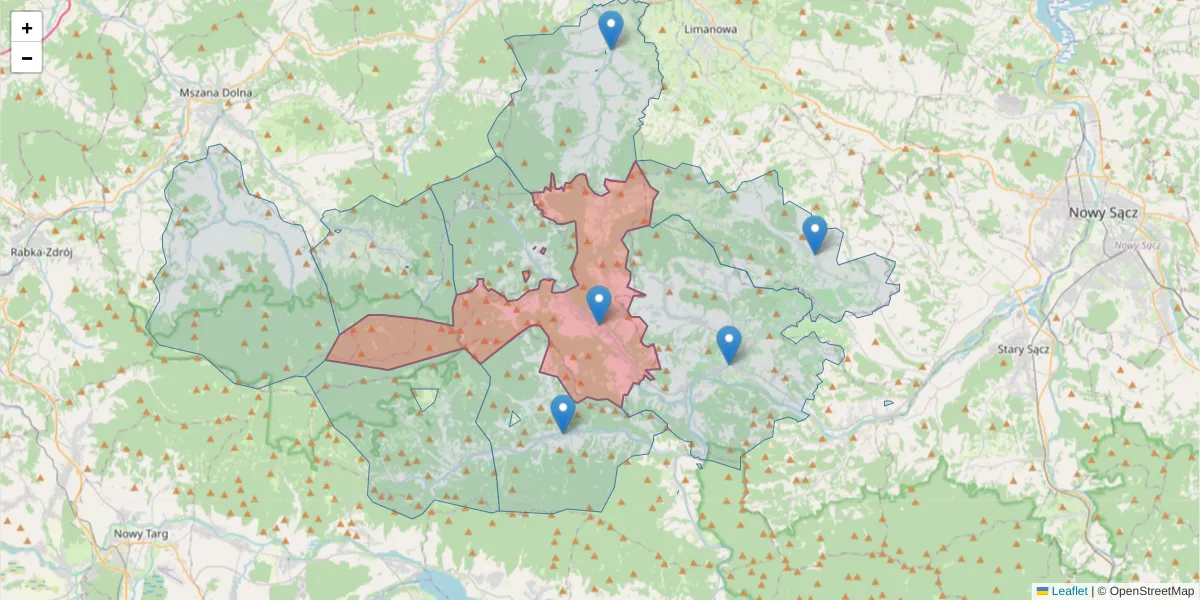 Szczegółowa mapa kodu pocztowego 34-608 z granicami, sąsiednimi kodami pocztowymi i urzędami pocztowymi