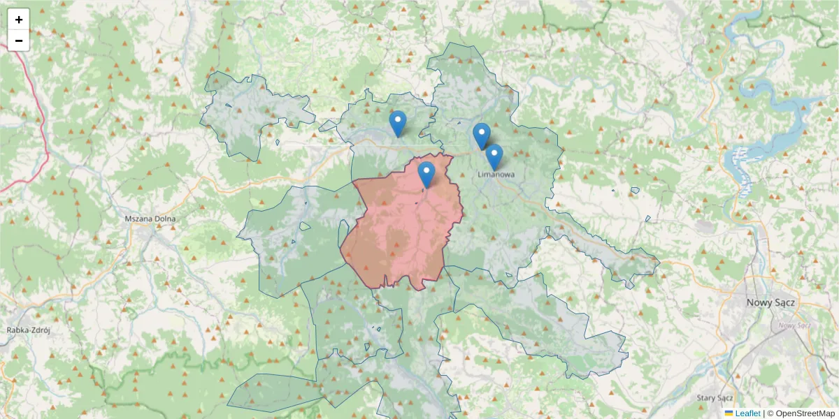 Szczegółowa mapa kodu pocztowego 34-615 z granicami, sąsiednimi kodami pocztowymi i urzędami pocztowymi
